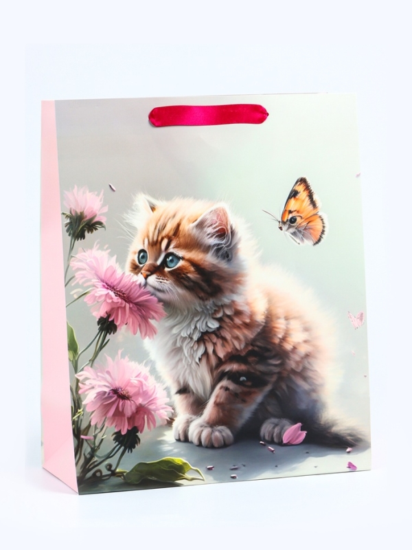 Пакет подарочный ламинированный вертикальный «Котик и цветок», M 26 × 32 × 12 см