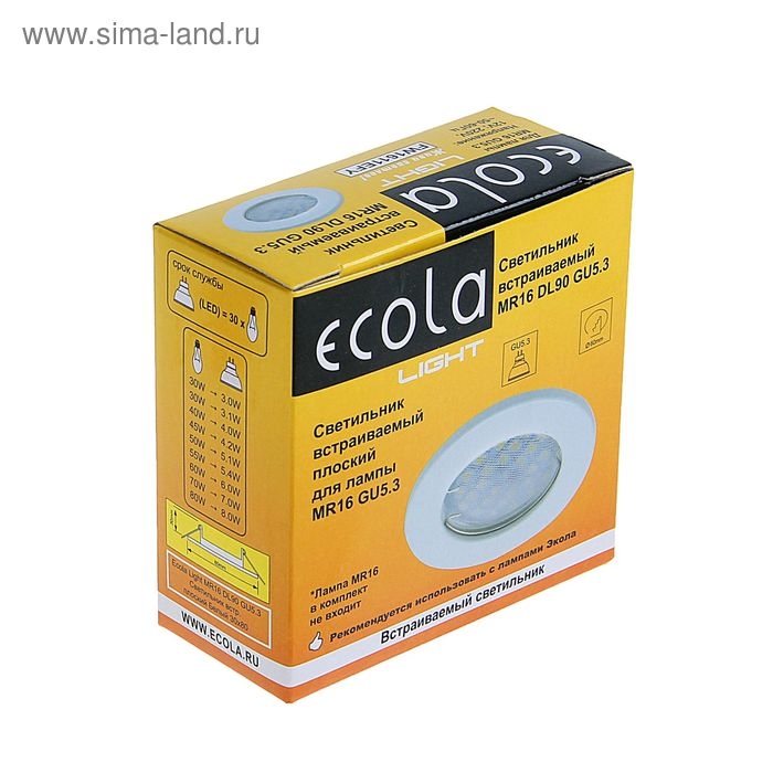 Светильник встраиваемый Ecola, GU5.3. DL90, MR16, 30x80 мм, плоский, белый Светильник встраиваемый Ecola, GU5.3. DL90, MR16, 30x80 мм, плоский, белый
