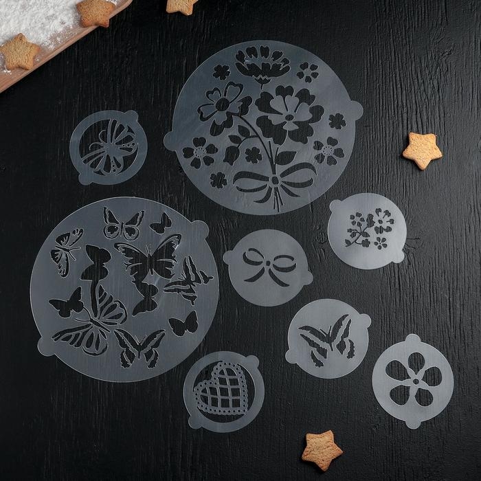 Набор кондитерских трафаретов для украшения выпечки «Букет», 8 шт: 2 шт d=20 см, 6 шт d=8 см