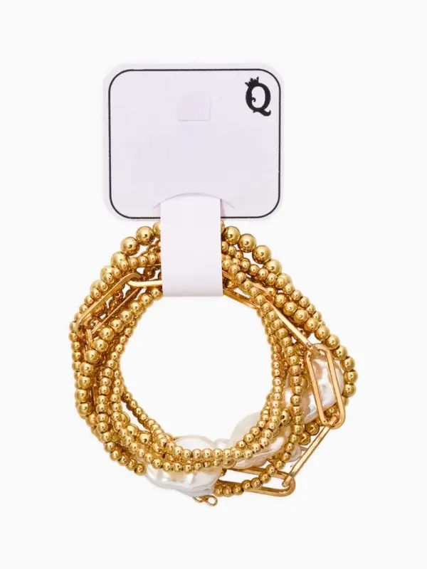 Набор браслетов &laquo;Жемчуг Барочный с цепями&raquo;, 7 шт. белый в золоте