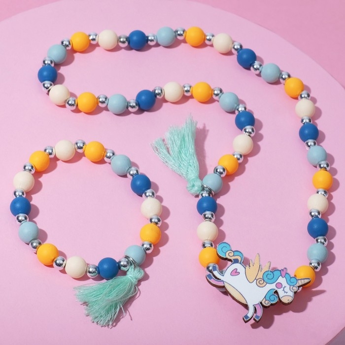 Набор детский «Выбражулька» 2 предмета: бусы, браслет, единорог, с кисточками, цветной Набор детский «Выбражулька» 2 предмета: бусы, браслет, единорог, с кисточками, цветной