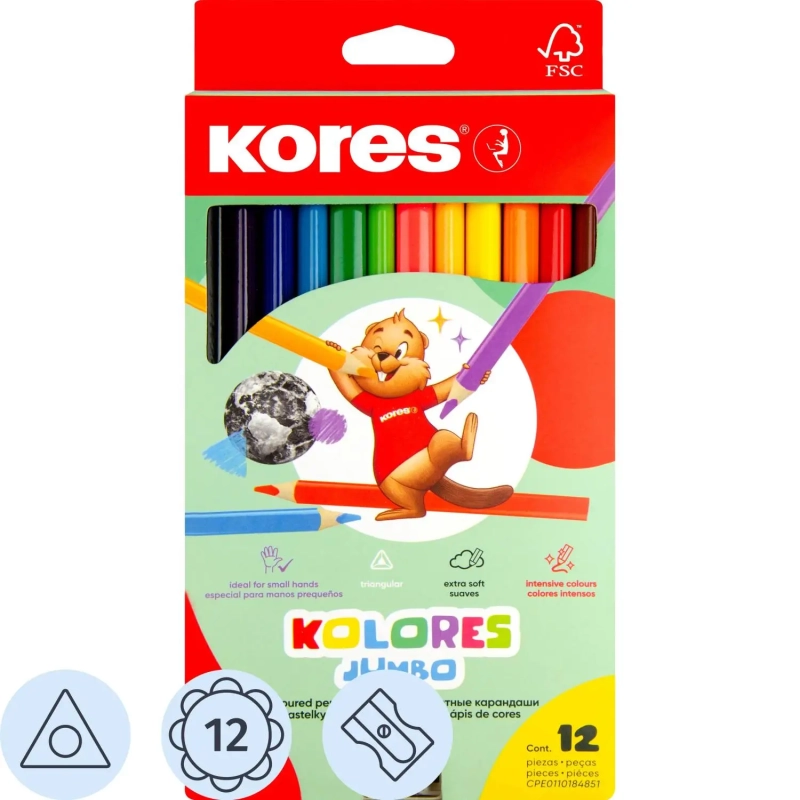 Карандаши цветные 12цв 3-гран,точилка Kores Jumbo 93512.01