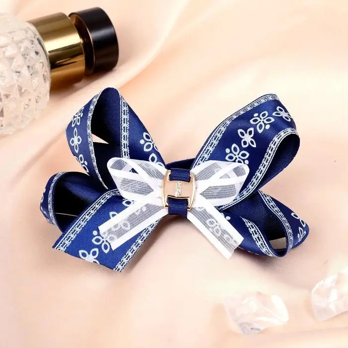 Резинка для волос «Школьница», бант цветочный орнамент, 8 см, бело-синяя