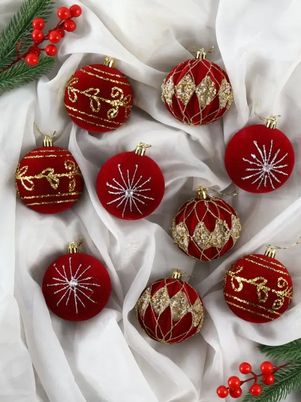 Набор шаров пластик d-8 см, 9 шт Набор шаров пластик d-8 см, 9 шт "Бархат. Фестиваль" феерия, красный