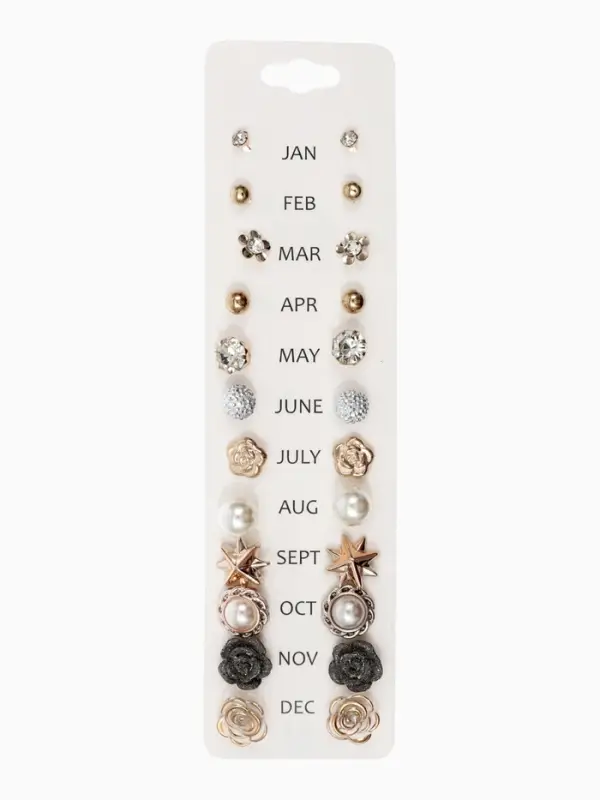 Серьги пусеты 12 пар One year, романтика, бело-серые в золоте