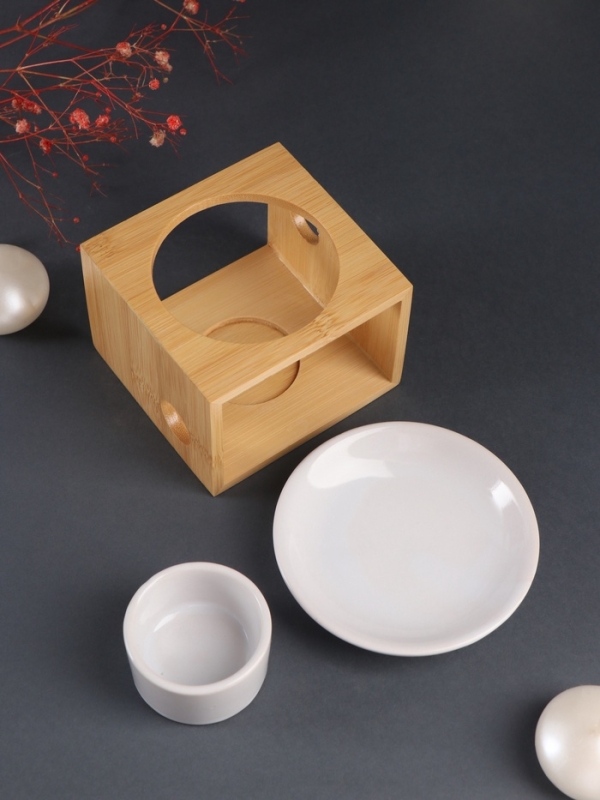 Аромалампа бамбук, керамика с подставкой под свечу "Строгие линии" белая 9,8х9,8х8 см