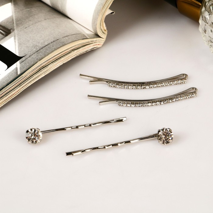 Невидимка для волос  Невидимка для волос "Кварта" (набор 4 шт) дорожка стразы, 5 см и 5,5 см, серебро