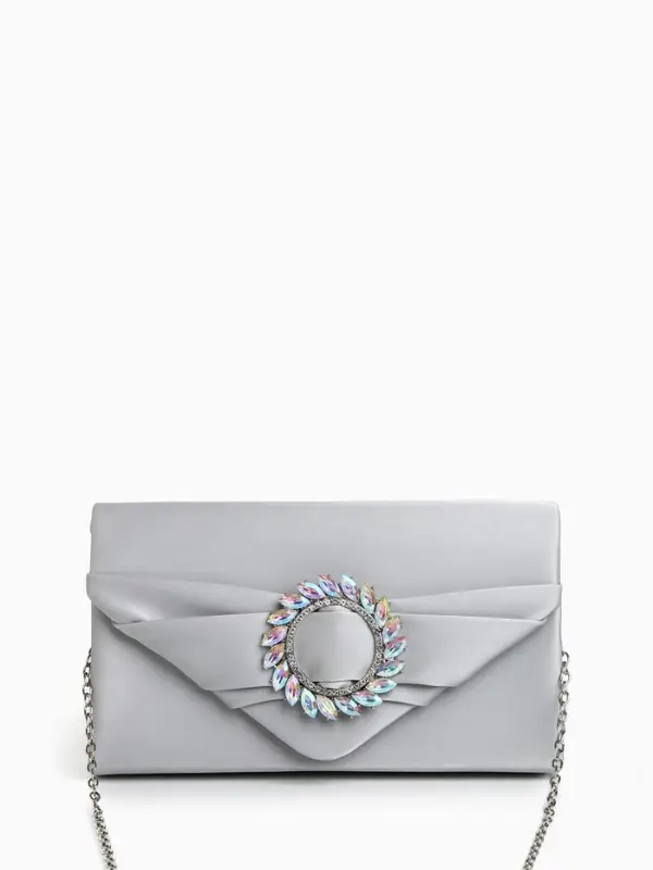 Сумка-клатч женская вечерняя на магните, на цепочке, с декоративной пряжкой, серебристая