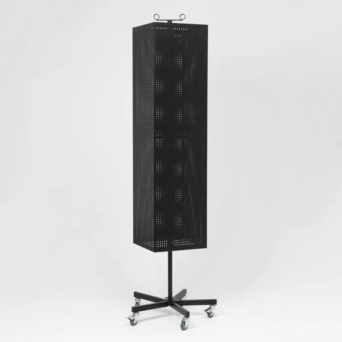 Стойка перфорированная металлическая на каркасе из труб, разборная, на колесах, 4 стороны, крутящиеся, 32×32×170 см, чёрная
