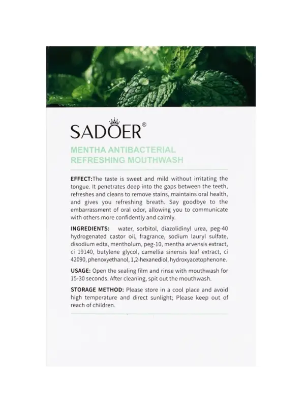 Ополаскиватель для полости рта антибактериальный SADOER, мята, 10 шт. по 13 мл