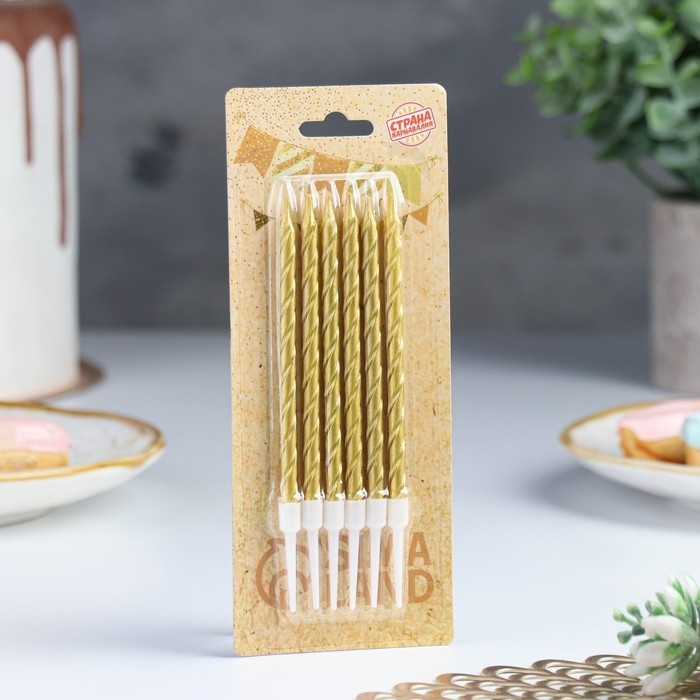 Свечи в торт  Свечи в торт "Металлик" , 14 см, 6шт с подставкой, золотистые