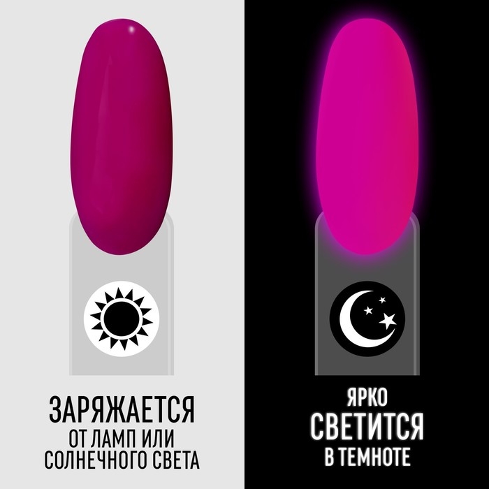Гель лак для ногтей «GLOW IN THE DARK», 3-х фазный, 8 мл, LED/UV, люминесцентный, цвет фиолетовая фуксия (47)