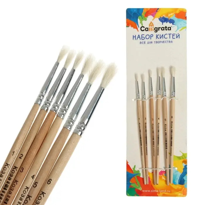 Набор кистей для рисования, коза, 6 штук, № 1, 2, 3, 4, 5, 6, круглые, деревянная ручка, международный размер