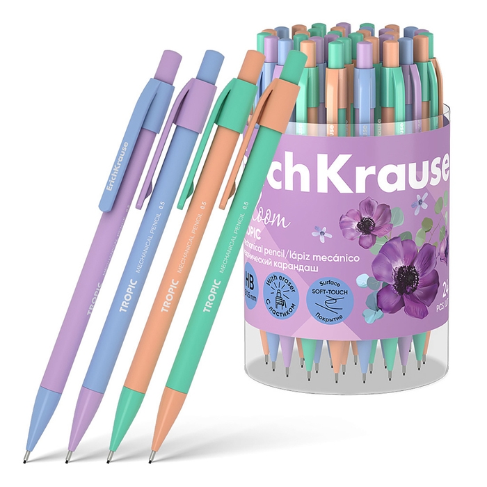 Карандаш механический 0,5 мм ErichKrause Карандаш механический 0,5 мм ErichKrause "Tropic Pastel Bloom" НВ, с ластиком, круглый корпус Soft-touch, тубус, микс