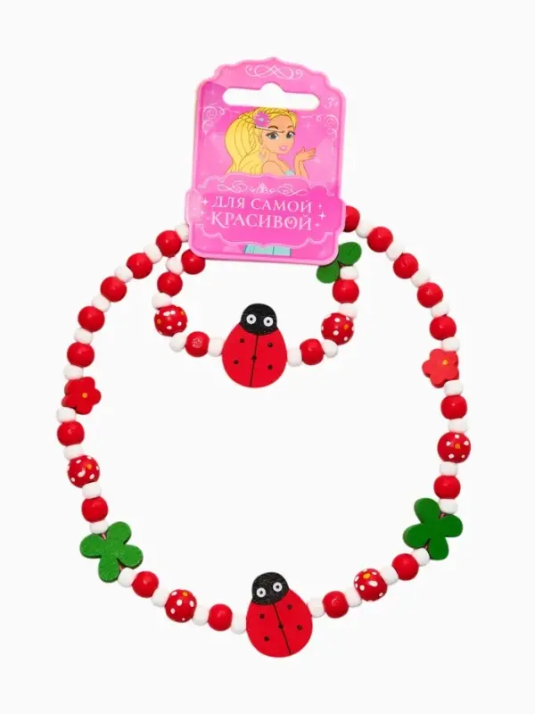 Набор детских украшений &laquo;Выбражулька. Божья коровка&raquo;, 2 предмета: бусы 35 см, браслет, d=6 см, красный, белый