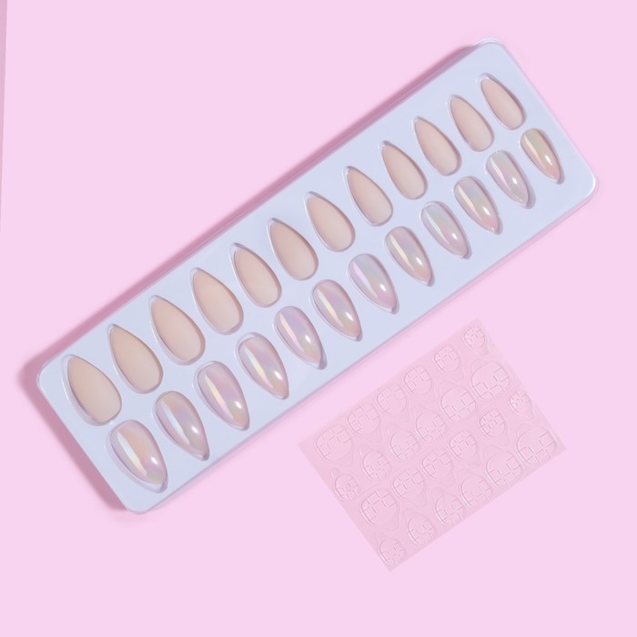 Накладные ногти, 24 шт, с клеевыми пластинами, форма миндаль, матовые, голографические, бежевые