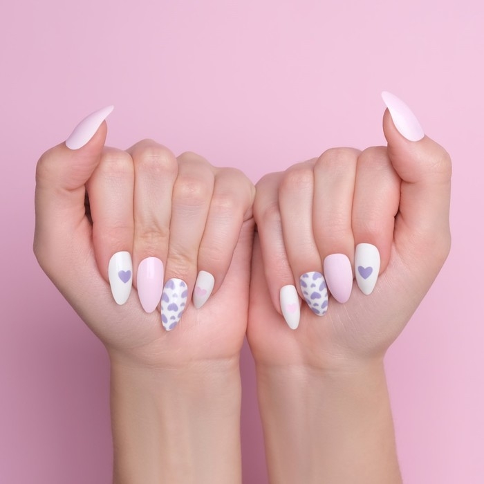 Накладные ногти, 24 шт, с клеевыми пластинами, форма миндаль, цвет белый/розовый/сиреневый