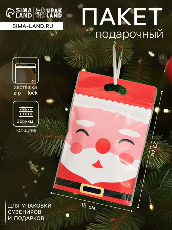 Пакет подарочный новогодний, с zip-lock застежкой, &laquo;Дед Мороз&raquo;, 15&times;23&plusmn;1 см
