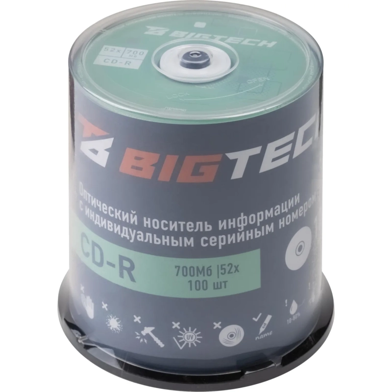 Носители информации Bigtech YCDRB001 CD-R 700 МБ/52х/100шт/уп cake box