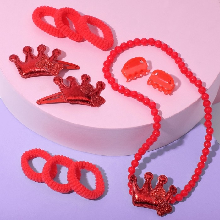 Набор детский«Выбражулька»12 пред-тов:4 заколки,6 резинок,бусы,корона, цвет красный Набор детский«Выбражулька»12 пред-тов:4 заколки,6 резинок,бусы,корона, цвет красный
