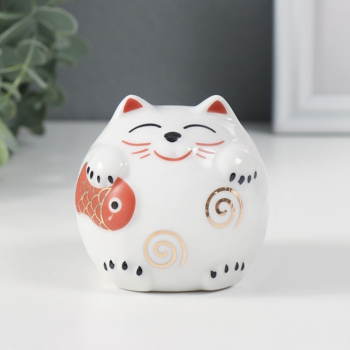 Копилка керамика Копилка керамика "Кот Манэки-нэко с рыбкой круглый с узорами" 7х7х6,8 см