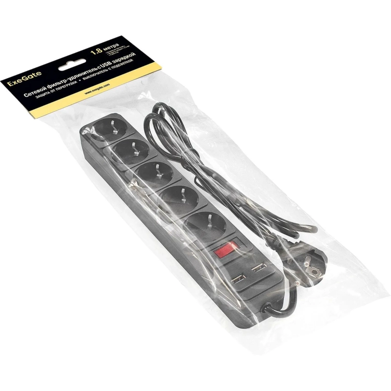 Сетевой фильтр ExeGate SP-5-USB-1.8B 5р/1,8м, 2 USB,черный(EX295490RUS)
