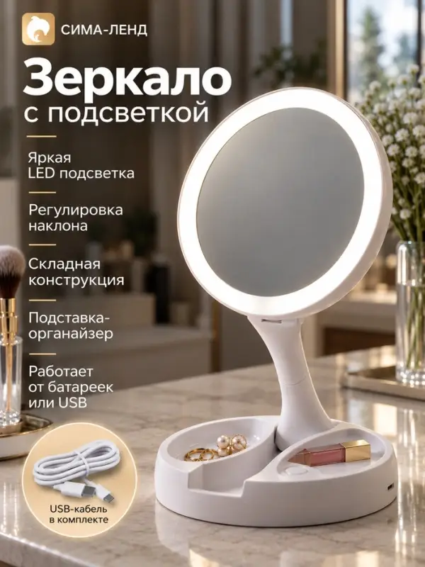 Зеркало настольное с подсветкой KZ-09, 30&times;16&times;16 см, увеличение х 10, USB, белое