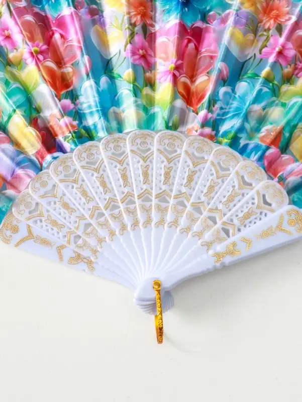 Веер пластик, текстиль Веер пластик, текстиль "Россыпь цветов" МИКС широкие лопасти 23 см