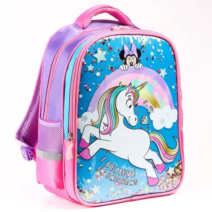 Рюкзак школьный для девочки, розовый, 39 см &times; 30 см &times; 14 см, Минни Маус и единорог