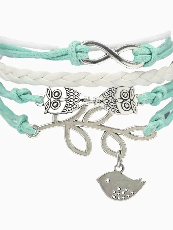 Браслет кожаный &laquo;Совы, веточка и знак бесконечности&raquo;, L=20 см, 5 нитей, бирюзовый