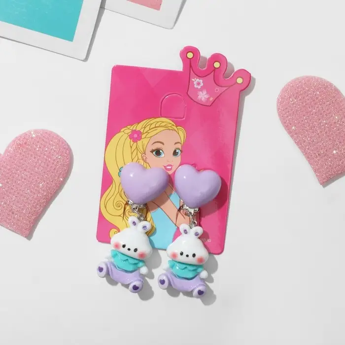 Серьги-клипсы детские «Выбражулька» животные, зайчишки, цвет сиренево-белый Серьги-клипсы детские «Выбражулька» животные, зайчишки, цвет сиренево-белый