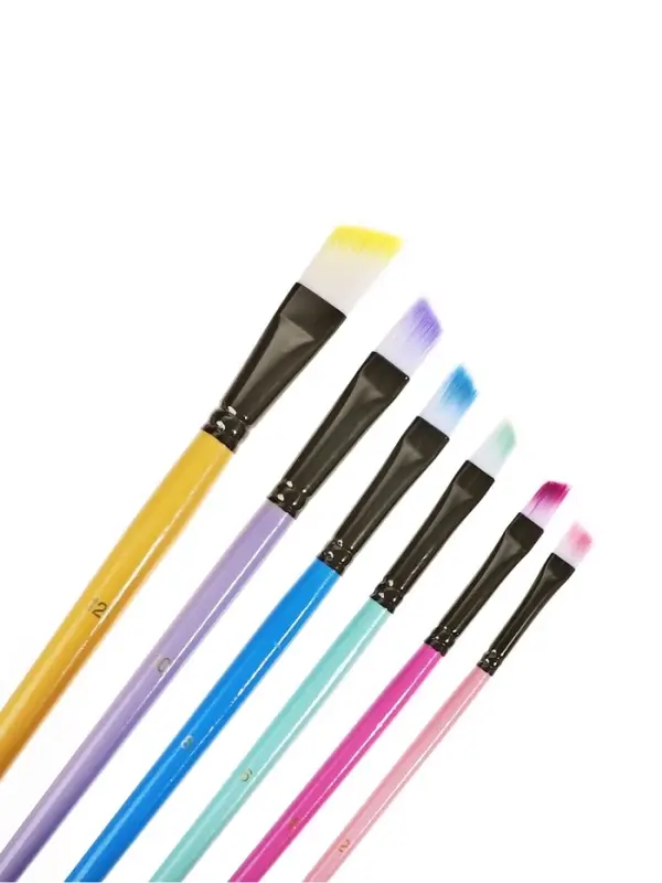 Набор кистей для рисования, синтетика, 6 штук: № 2, 4, 6, 8, 10, 12, плоские, скошенные, с цветными ручками, международный размер