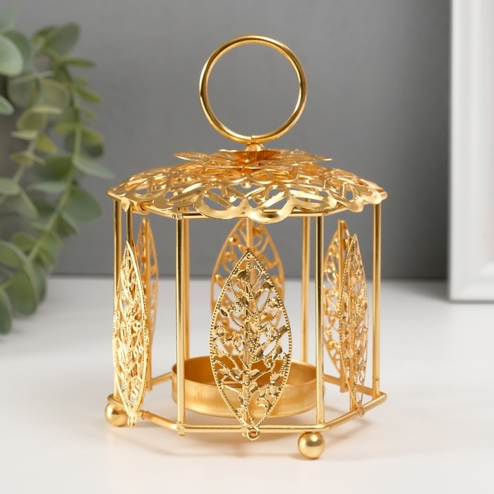 Подсвечник металл на 1 свечу  Подсвечник металл на 1 свечу "Фонарик. Цветок и листья" золото d=5,5 см 9,8х10,5х14 см