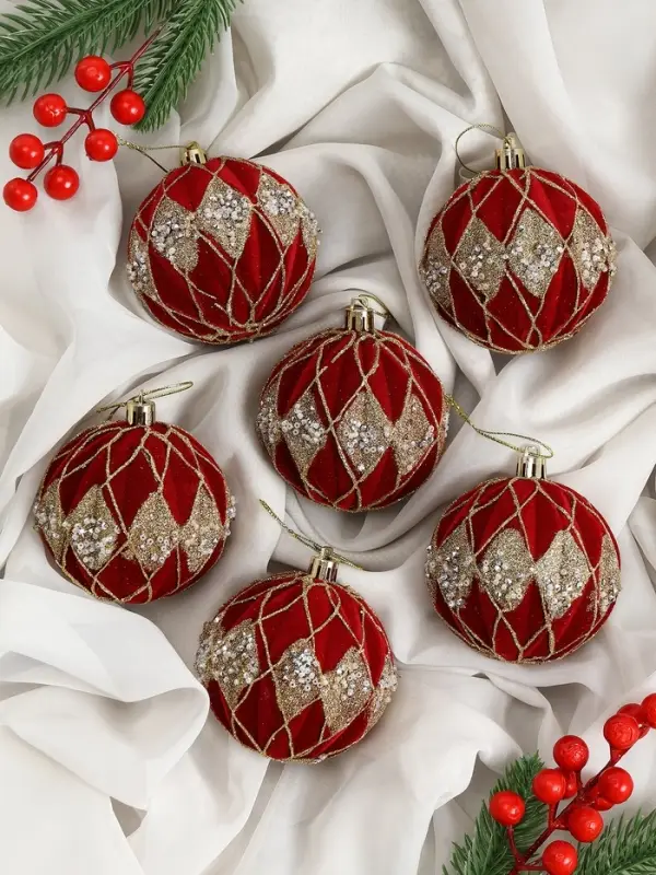 Набор шаров пластик d-8 см, 6 шт Набор шаров пластик d-8 см, 6 шт "Бархат. Фестиваль" ромбы блеск, красный