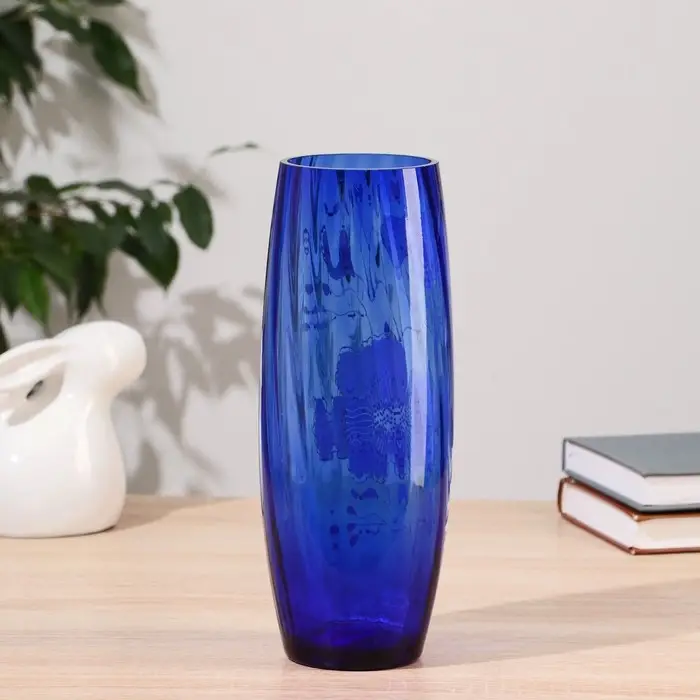 Ваза  Ваза "Бочка" риф. h=26см.d=8см из синего стекла (ручная роспись) рис. № 19 (Бел.)