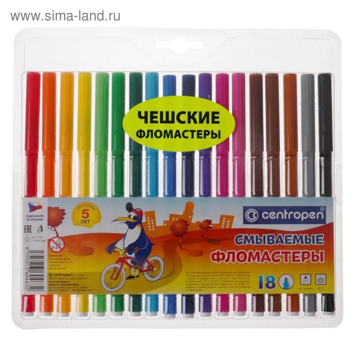 Фломастеры 18 цветов 1.8 мм Centropen 7790 Washable, смываемые, европодвес, линия 1.0 мм Фломастеры 18 цветов 1.8 мм Centropen 7790 Washable, смываемые, европодвес, линия 1.0 мм