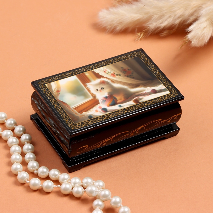 Шкатулка «Котенок», черная, 6×9 см, лаковая миниатюра