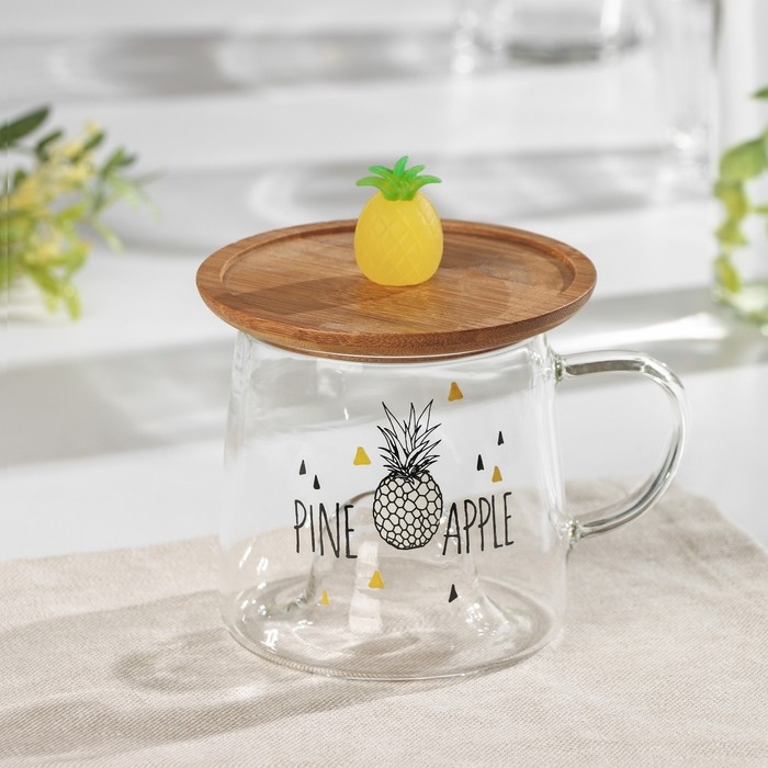 Кружка стеклянная с деревянной крышкой &laquo;Ананасик&raquo;, 300 мл