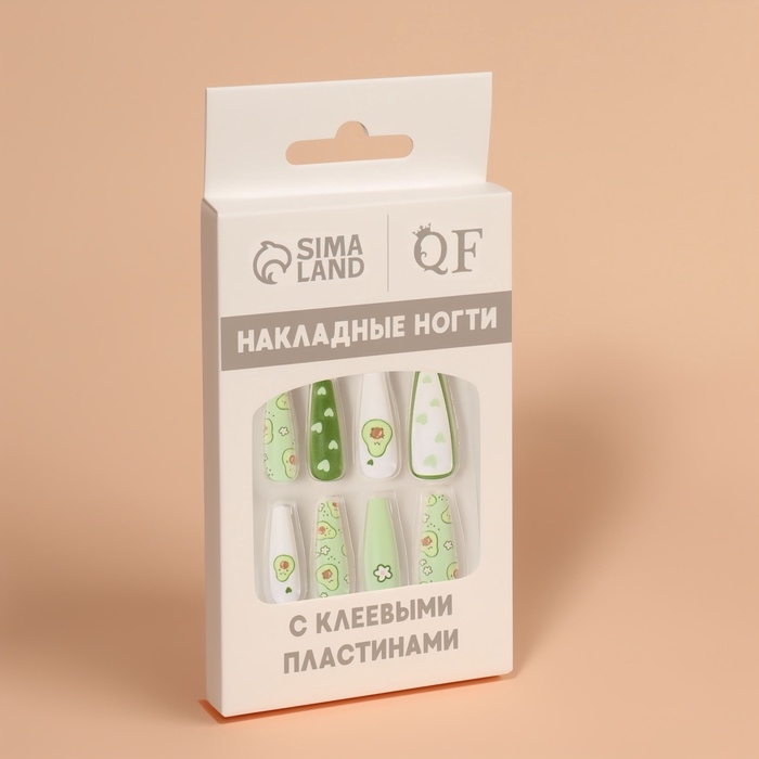 Накладные ногти «Авокадо», 12 шт, с клеевыми пластинами, форма балерина, цвет зелёный/белый Накладные ногти «Авокадо», 12 шт, с клеевыми пластинами, форма балерина, цвет зелёный/белый