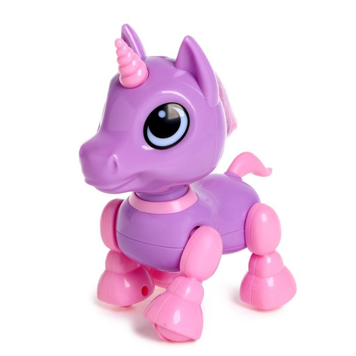 Робот единорог «Питомец» IQ BOT, интерактивный: с записью звуков, реагирует на хлопки, звук, свет, на батарейках, фиолетовый