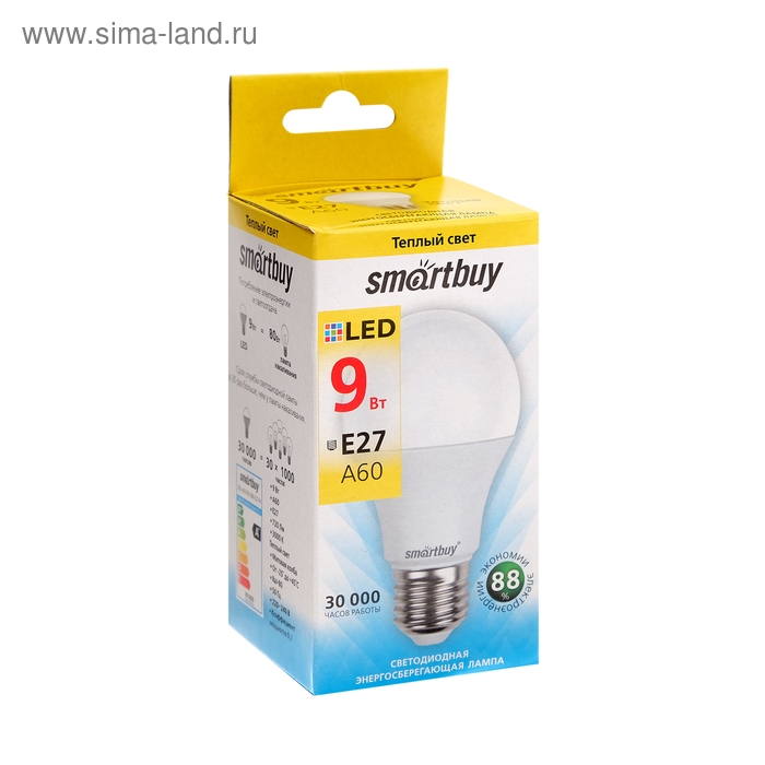 Лампа cветодиодная Smartbuy, E27, A60, 9 Вт, 3000 К, теплый белый свет Лампа cветодиодная Smartbuy, E27, A60, 9 Вт, 3000 К, теплый белый свет