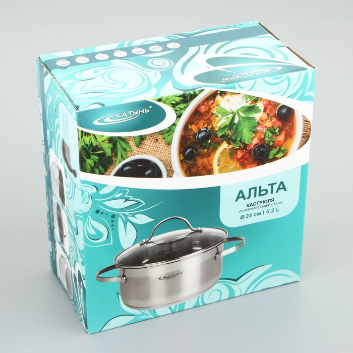 Кастрюля «Альта», 5,2 л, d=24 см, капсульное дно, стеклянная крышка, индукция Кастрюля «Альта», 5,2 л, d=24 см, капсульное дно, стеклянная крышка, индукция