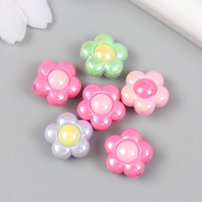 Бусина для творчества пластик Бусина для творчества пластик "Цветочек" цветная с перламутром МИКС 1х1,6х1,6 см набор 6 шт.