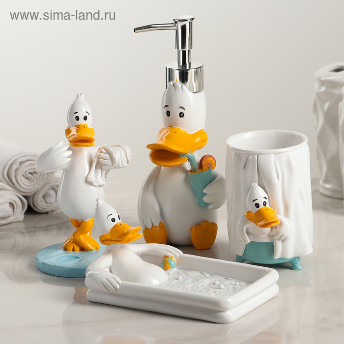 Набор аксессуаров для ванной комнаты «Утиные истории», 4 предмета (дозатор 200 мл, мыльница, стакан, подставка для щёток), цвет белый Набор аксессуаров для ванной комнаты «Утиные истории», 4 предмета (дозатор 200 мл, мыльница, стакан, подставка для щёток), цвет белый
