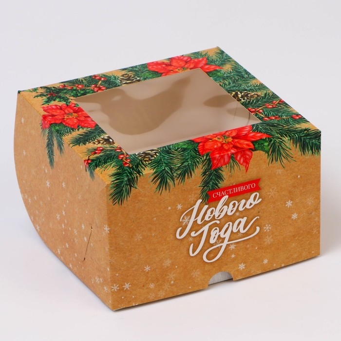 Новый год. Коробка для 4 капкейка с окном  Новый год. Коробка для 4 капкейка с окном "Сладкого Нового года!", 16 х 16 х 10 см, упаковка