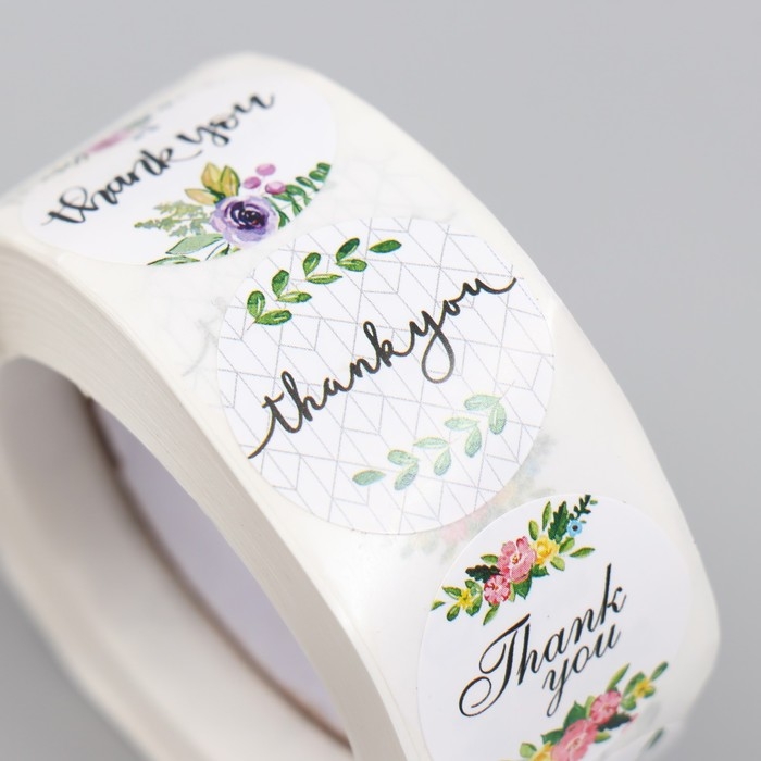Наклейка бумага Наклейка бумага "Спасибо. Цветы" d=2,5 см 500 шт в рулоне 3х6,5х6,5 см