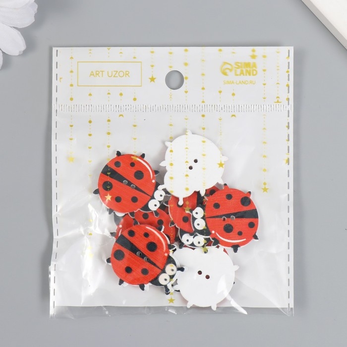 Пуговицы дерево для творчества 2 прокола "Божьи коровки" набор 10 шт 2,7х3 см