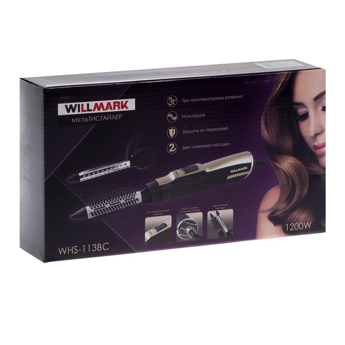 Фен-щётка WILLMARK WHS-113BC, 1200 Вт, 2 насадки, ионизация, чёрно-золотая Фен-щётка WILLMARK WHS-113BC, 1200 Вт, 2 насадки, ионизация, чёрно-золотая