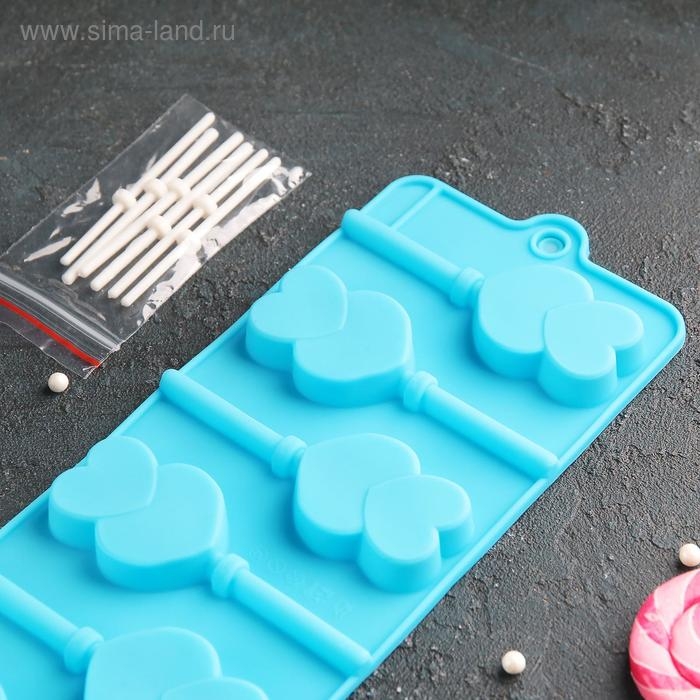 Форма для леденцов Доляна «Влюблённость», силикон, 9,5×24×1 см, 6 ячеек (4,2×3,3 см), с палочками, цвет МИКС Форма для леденцов Доляна «Влюблённость», силикон, 9,5×24×1 см, 6 ячеек (4,2×3,3 см), с палочками, цвет МИКС