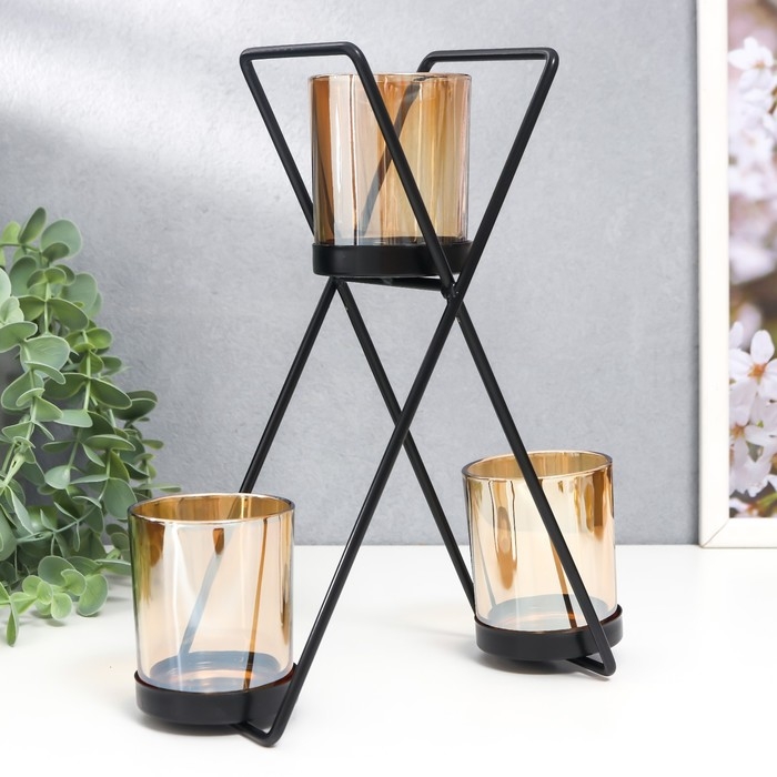 Подсвечник металл, стекло на 3 свечи Подсвечник металл, стекло на 3 свечи "Гарна" d-5 см, чёрный 9х21х25 см